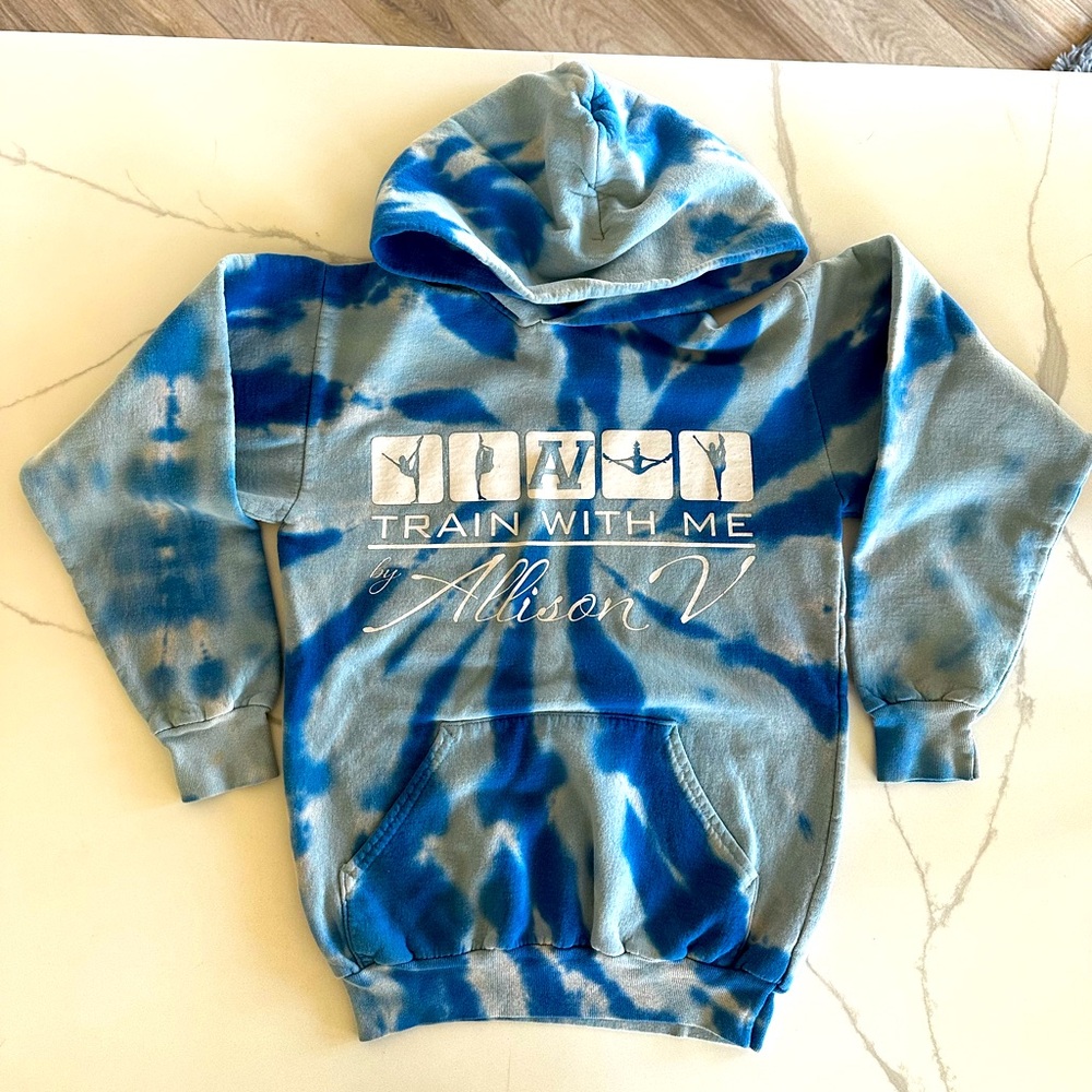 Train with me by Allison V cheer hoodie, tie dye, blue, youth medium